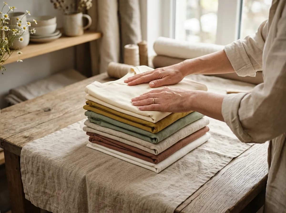 Hands smoothing a stack of folded organic cotton garments on a linen-draped table in warm daylight