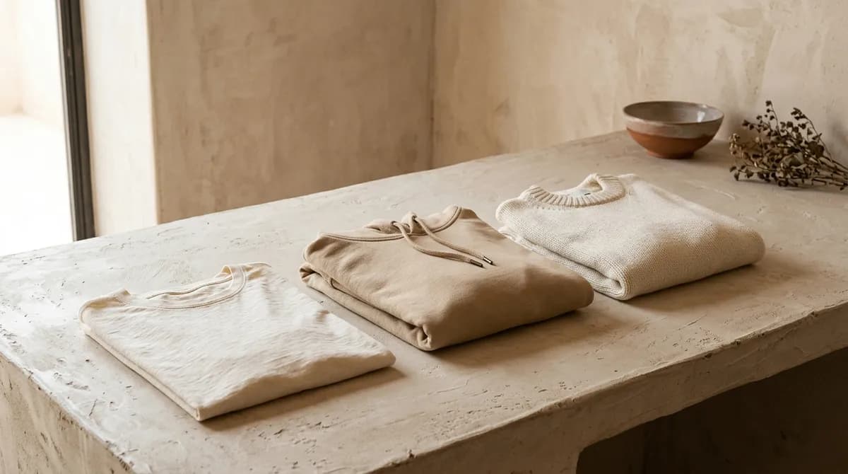 Folded organic cotton t-shirt, hoodie and sweater in cream and sand tones on a plaster table