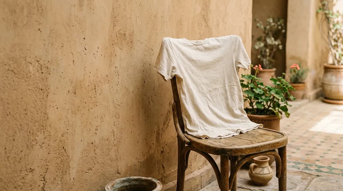 An ecru cotton tee draped over a chair in a sun-washed Moroccan courtyard