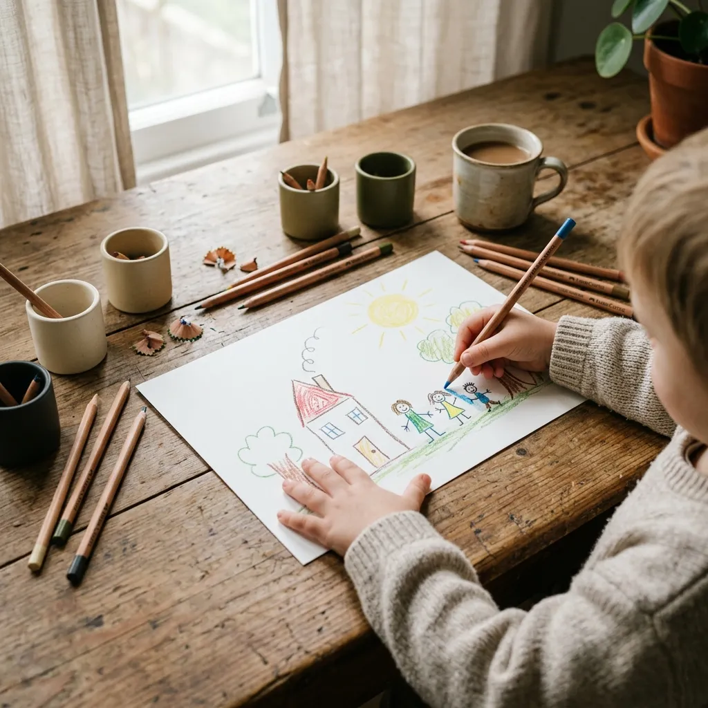 A child's hands drawing with coloured pencils at a sunlit wooden table