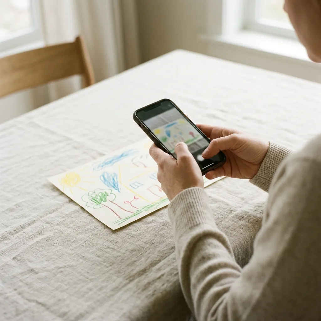 Hands photographing a child's drawing on a linen-covered table with a phone