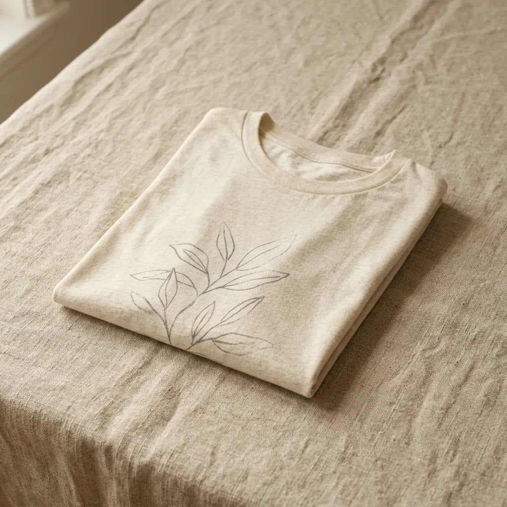 A folded organic-cotton tee with a printed design, resting on linen in warm light