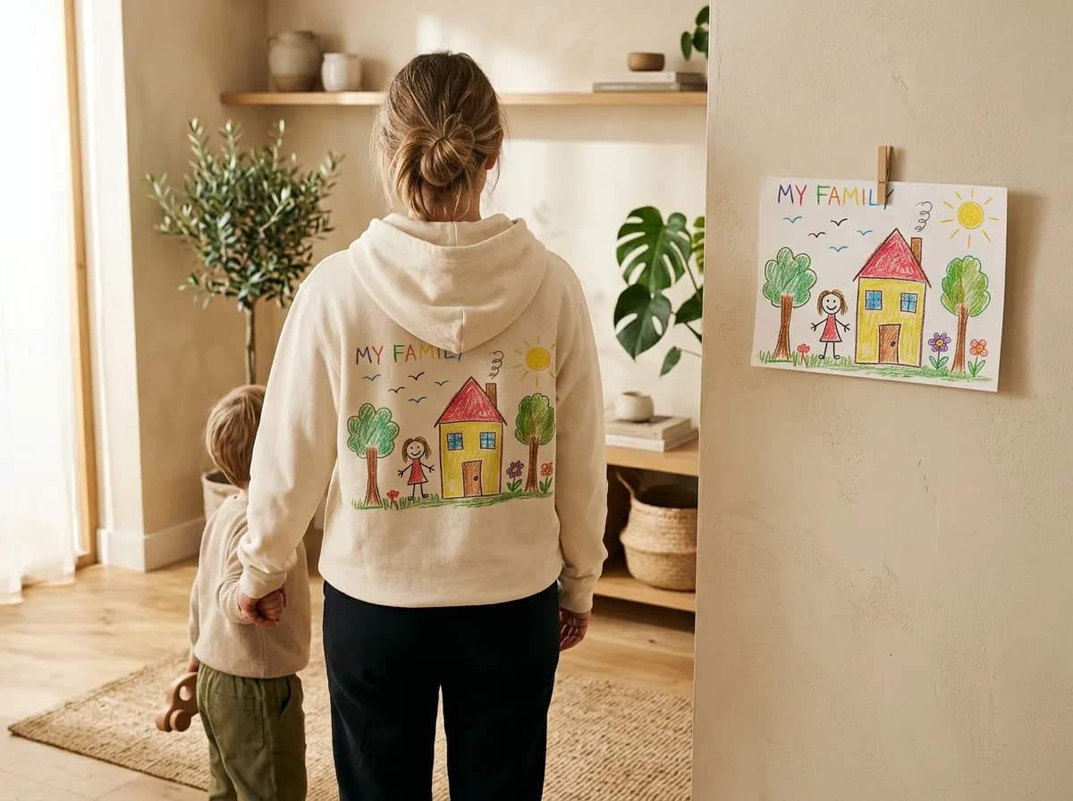 A parent seen from behind in a cream hoodie printed with a child's drawing, the original pinned on the wall