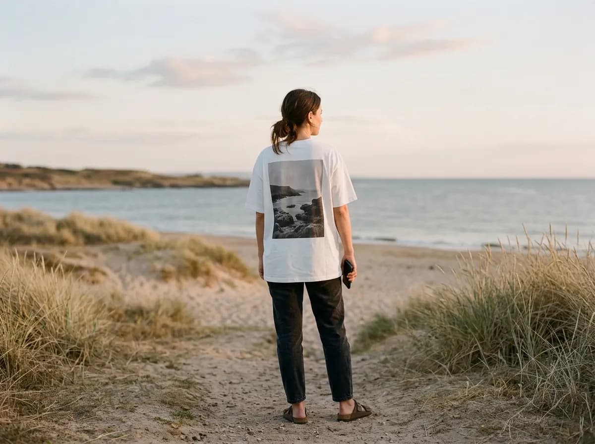 A person seen from behind wearing a white tee with a photo print, outdoors in warm light