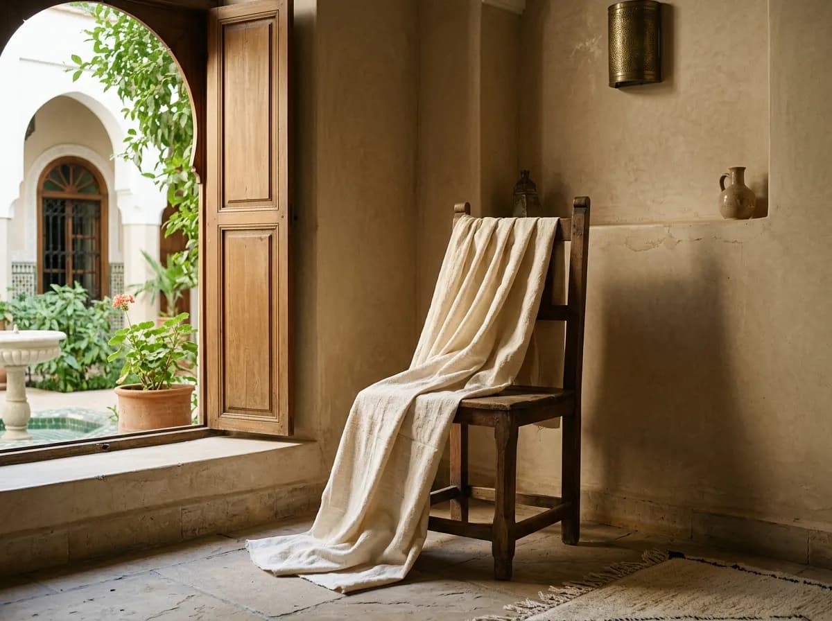 Raw cotton draped over a wooden chair in warm Moroccan daylight